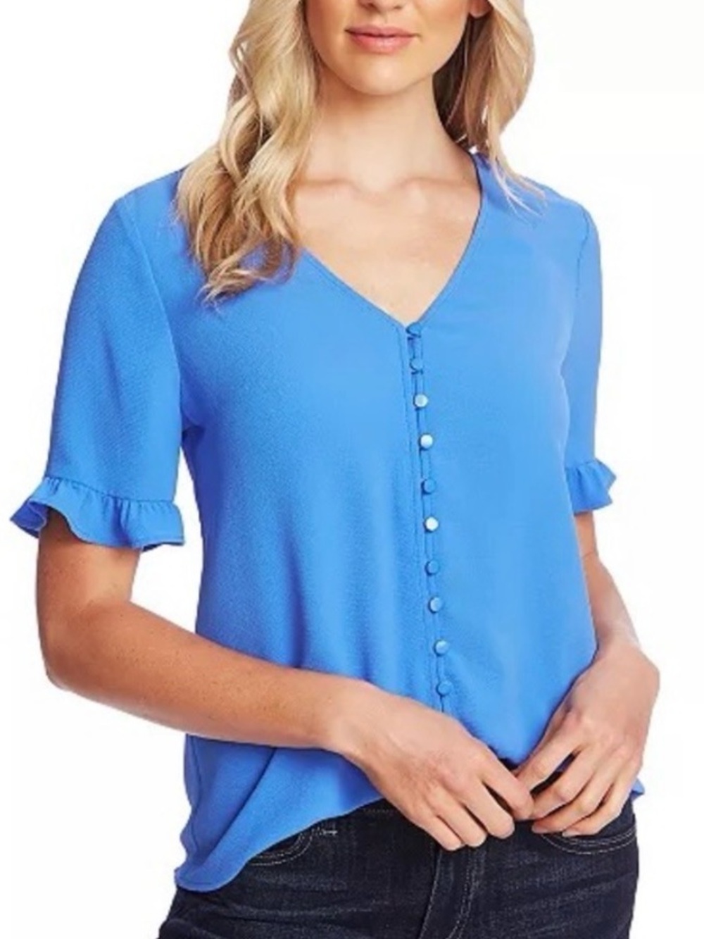 CeCe Blue V-Neck Button-Front Ruffle Sleeve Blouse
